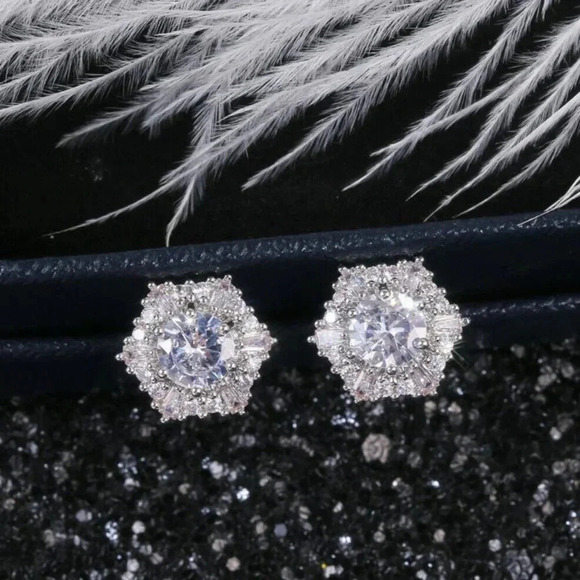 Sterling Silver Diamond Hexagon Halo Stud Earrings - Picture 2 of 10